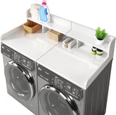 54" W x 27.5" D Washer Dryer Countertop, Laundry Wood Shelf Topper with Edge, 2-Tier Organizer for Washer and Dryer Laundry Hamper Counter Storage Organization, Large Space Laundry Topper, White